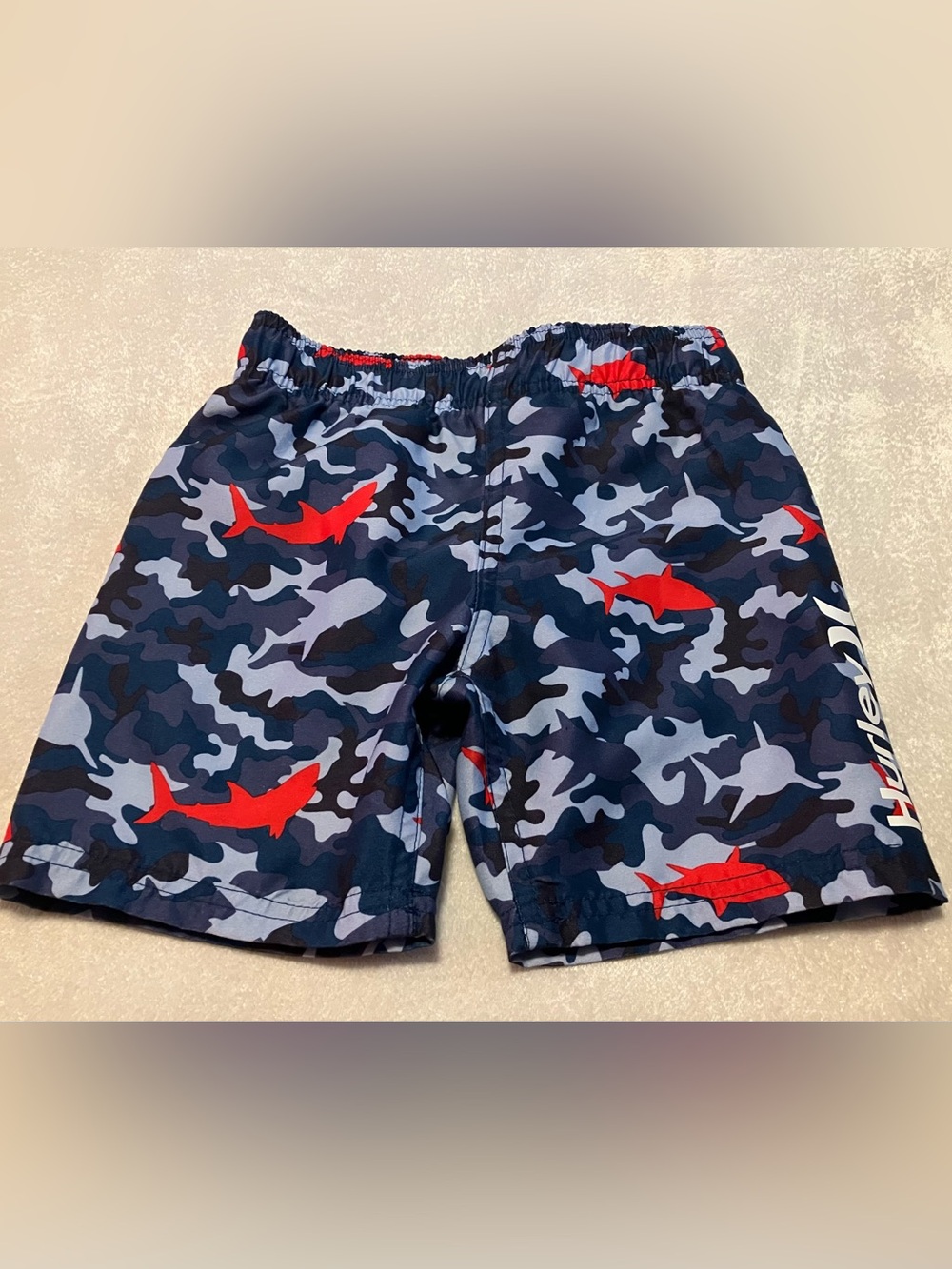 Hurley Boys' Navy Camo Swim Trunks with Red Shark Print